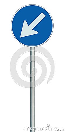 Mandatory keep left United Kingdom UK road sign on pole post, large blue round isolated traffic lane route reroute roadside Stock Photo