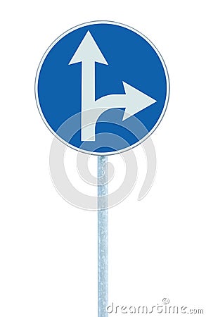 Mandatory straight or right turn ahead, traffic lane route direction sign pointer road sign, choice concept, blue isolated Stock Photo