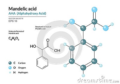 Mandelic acid. AHA Alphahydroxy acid. Structural chemical formula and molecule 3d model. Atoms with color coding. Vector Vector Illustration
