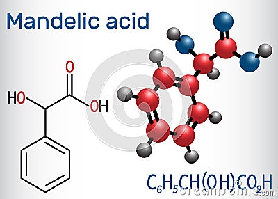 Mandelic acid molecule. Structural chemical formula and molecule Vector Illustration