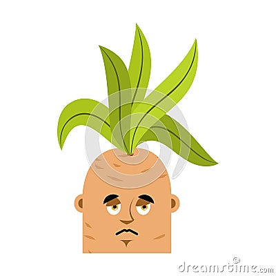 Mandrake root sad emoji. Sorrowful Legendary mystical plant in f Vector Illustration