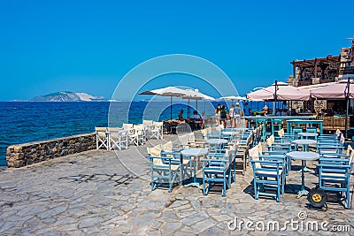 Mandraki, Greece, August 28, 2022: Cityscape of Greek town Mandr Editorial Stock Photo