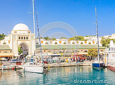 Mandraki Port and New Market. Rhodes Island. Greece Editorial Stock Photo