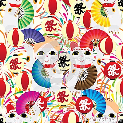 Maneki Bon Odori lantern firework seamless pattern Vector Illustration