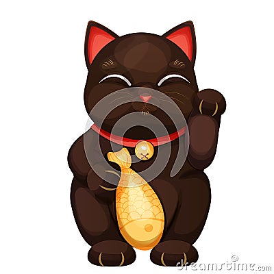 Maneki neko black cat tradition figure lucky symbol, pet with collar and bell, golden fish in cartoon style isolated on Vector Illustration