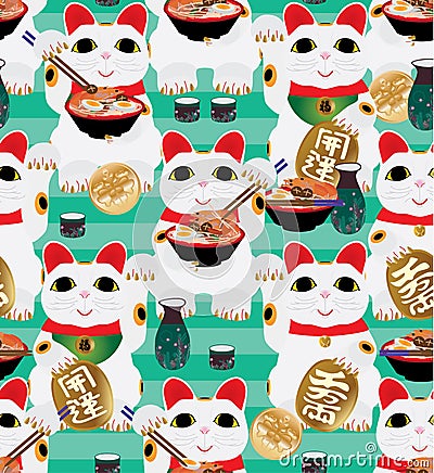 Maneki Neko call eat Ramen seamless pattern Vector Illustration