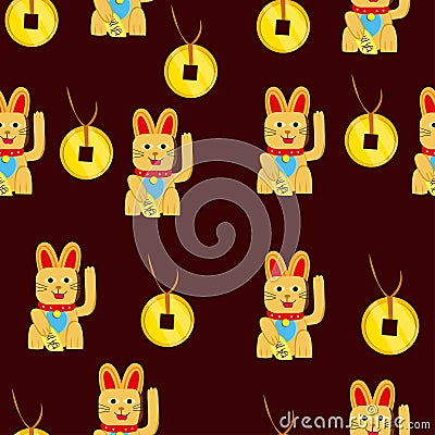 Maneki Neko cat, chinese coin seamless pattern. Vector illustration. Traditional amulets of happiness. Vector Illustration