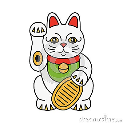 Maneki neko cat with coin. Japanese symbol wishing good luck with raised paw. Vector sign of wealth, happiness, fortune Vector Illustration