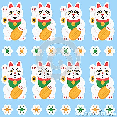 Maneki neko cat with coin seamless pattern. Japanese symbol wishing good luck with raised paw. Cartoon vector background of wealth Vector Illustration