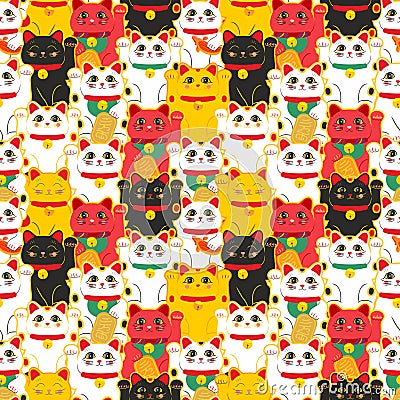 Maneki-neko cat. Seamless pattern with sitting hand drawn lucky cats. Japanese culture. Doodle drawing. Vector Vector Illustration