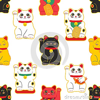 Maneki-neko cat. Seamless pattern with sitting hand drawn lucky cats. Japanese culture. Doodle drawing. Vector Vector Illustration