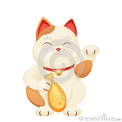 Maneki neko cat tradition figure lucky symbol, pet with collar and bell, golden fish in cartoon style isolated on white Vector Illustration