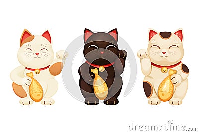 Maneki neko cat tradition figure lucky symbol, pet with collar and bell, golden fish in cartoon style isolated on white Vector Illustration