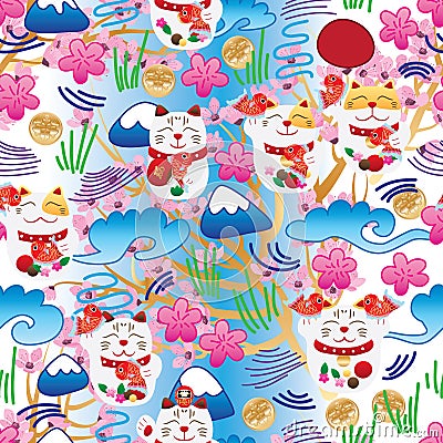 Maneki Neko fat Japanese doddle cherry blossom seamless pattern Vector Illustration