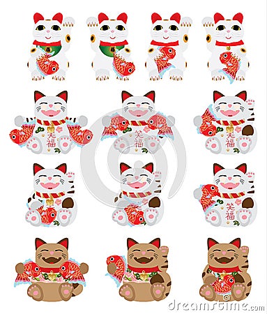 Maneki Neko holding fish set Vector Illustration