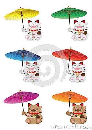 Maneki Neko holding umbrella set Vector Illustration