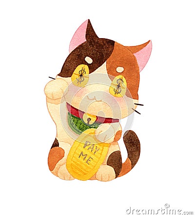 Maneki neko, japan lucky charm. The calico cat raised his right foot, left foot hold a koban coin. Stock Photo