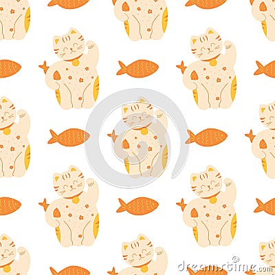 Maneki Neko pattern. Happy lucky cat seamless pattern. Symbol of lucky background. Repeated texture. Fish and maneki Cartoon Illustration