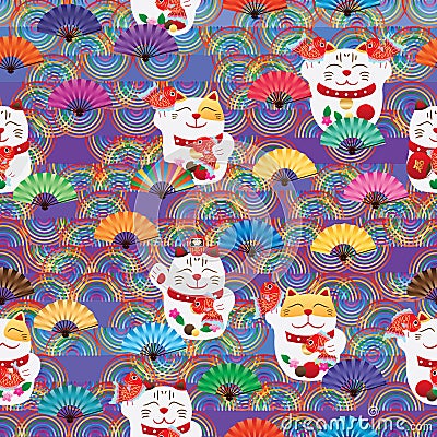 Maneki Neko rainbow half line fan seamless pattern Vector Illustration