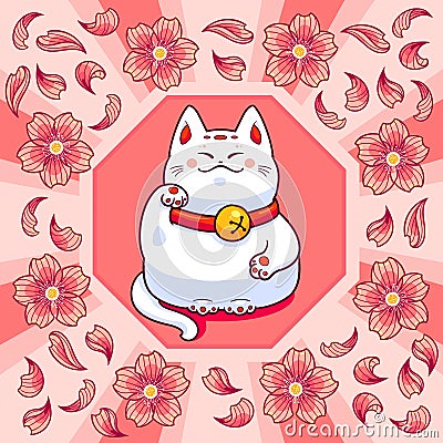 Maneki neko and sakura flowers Vector Illustration