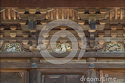 Manekineko cat and astrological signs carved on the pagoda of gotokuji temple. Editorial Stock Photo