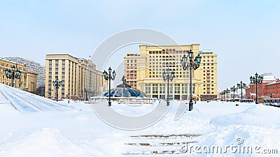 Manezhnaya Square or Manege in Moscow, Russia. Panorama of the Moscow city center in winter Editorial Stock Photo