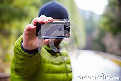 Manfrotto iPhone Lens Photographer Editorial Stock Photo