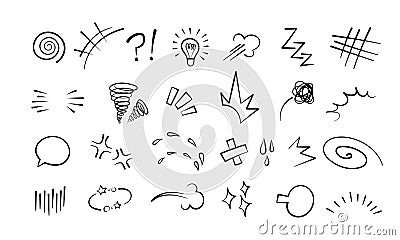 Manga or anime comic emoticon element graphic effects hand drawn doodle vector illustration set. Vector Illustration