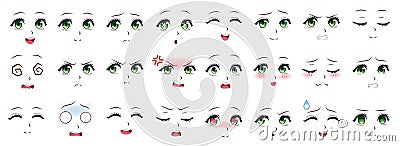 Manga expression. Anime girl facial expressions. Eyes, mouth and nose, eyebrows in japanese style. Manga woman emotions Vector Illustration