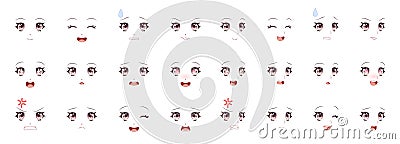 Manga expression. Girl eyes, mouth, eyebrows anime woman faces. Female character in cartoon japanese or korean kawaii Vector Illustration