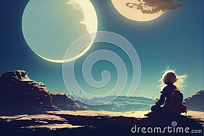 manga girl starring the moons at a fantasy place, illustration, ai generated image Cartoon Illustration