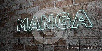 MANGA - Glowing Neon Sign on stonework wall - 3D rendered royalty free stock illustration Cartoon Illustration