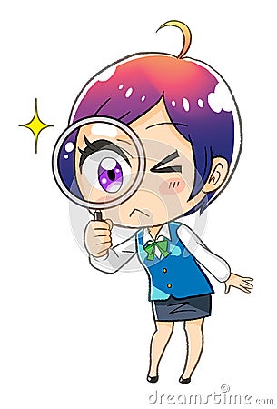 Manga kawaii chibi female office worker illustration magnifying glass Cartoon Illustration