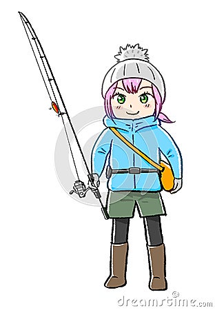 Manga kawaii chibi young woman angler illustration, winter autumn fashion Cartoon Illustration