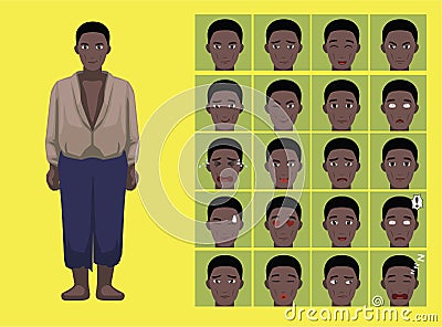 Manga Style African American Black Slave Man Cartoon Character Emotion Vector Illustration