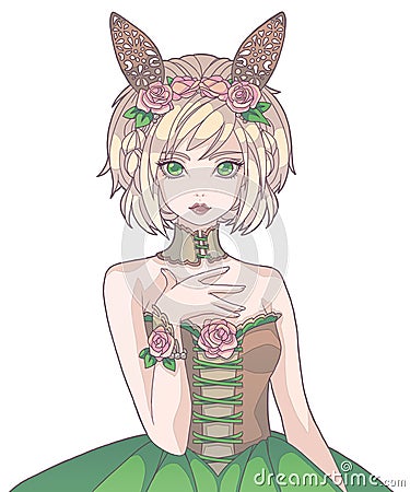 Drawing of young women or girl with blond hair wearing an elegant spring ball dress and rose headband with bunny ears Stock Photo