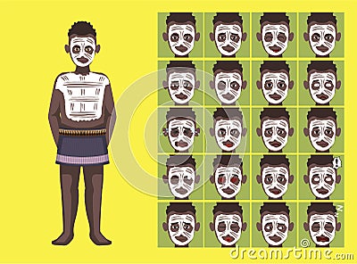 Manga Style Tribe Karo Cartoon Character Emotions Vector Illustration