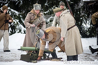 Mangali, Latvia, Museum of Lozmetejkalns, January 9, 2016 - Reenactment of world war two battle in Latvia Editorial Stock Photo