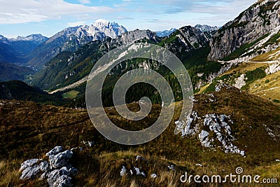 Mountain panorama from Mangart saddle in Slovenia Stock Photo