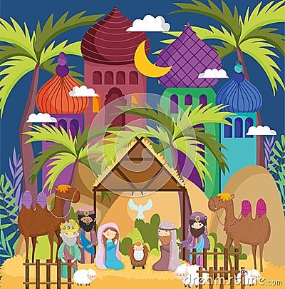 Manger sacred family wise men camels hut star palms nativity Vector Illustration