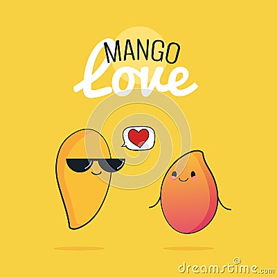 Mango cartoon characters, Cute tropical fruit couple, Vintage poster with Vector illustration Cartoon Illustration