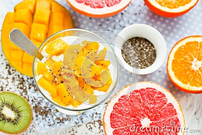 Mango chia pudding with fresh citrus fruit for breakfast, dietary food concept Stock Photo