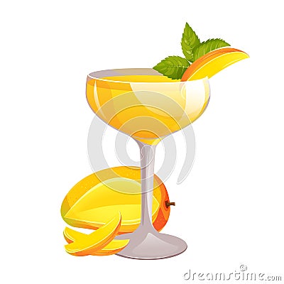 Mango daiquiri.Alcoholic refreshing drink with mint and mango slices. Vector Illustration