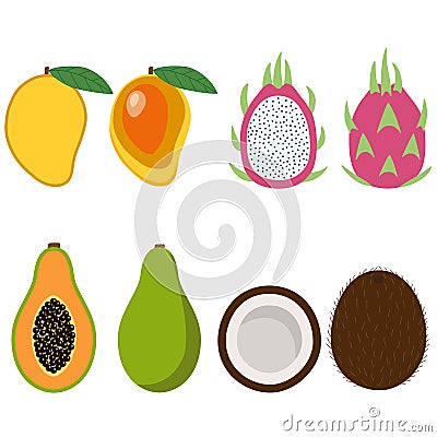 Mango, dragon fruit, pitaya, papaya and coconut whole and cut tropical exotic sweet fruit pink green orange brown white summer Vector Illustration