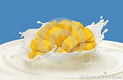 Mango falling into milk splash isolated on color background Stock Photo