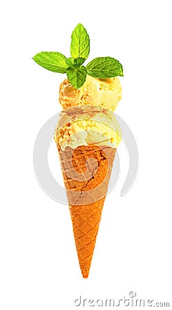 a mango flavor ice cream cone with two balls with fresh leaves on white Stock Photo