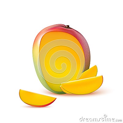 Mango fruit for fresh juice, jam, yogurt, pulp. 3d realistic yellow, red, orange ripe mango cubes isolated on white background Vector Illustration