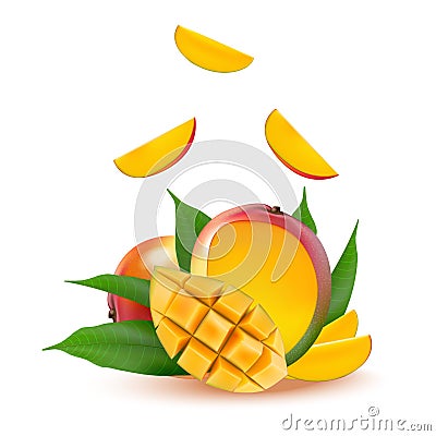 Mango fruit for fresh juice, jam, yogurt, pulp. 3d realistic yellow, red, orange ripe mango cubes and leaves isolated on white ba Vector Illustration