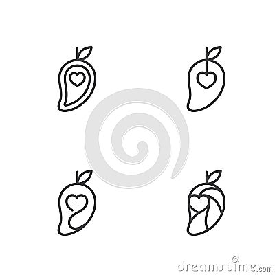 Mango fruit with Love Heart icons outline stroke set design illustration black and white color Vector Illustration