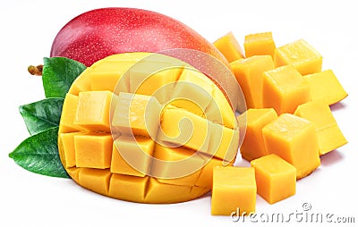 Mango fruit with mango cubes. Isolated on a white background Stock Photo